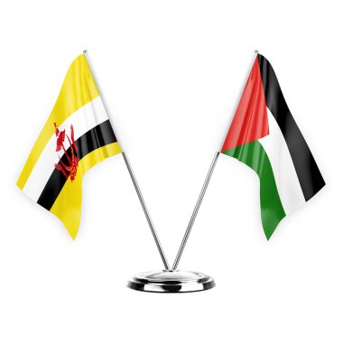 Two table flags isolated on white background 3d illustration, brunei and palestine