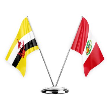 Two table flags isolated on white background 3d illustration, brunei and peru