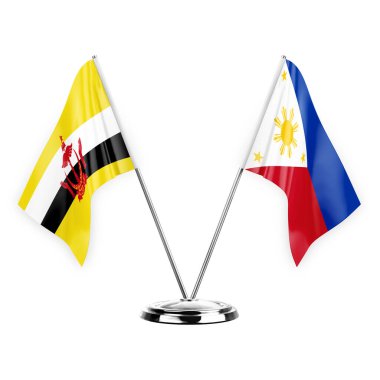 Two table flags isolated on white background 3d illustration, brunei and philippines