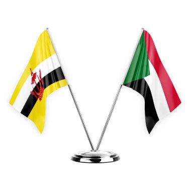Two table flags isolated on white background 3d illustration, brunei and sudan