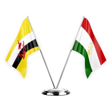 Two table flags isolated on white background 3d illustration, brunei and tajikistan