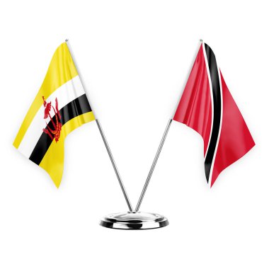 Two table flags isolated on white background 3d illustration, brunei and tobago