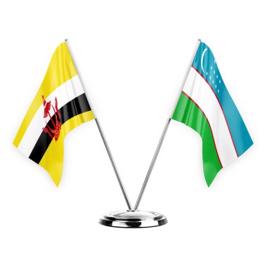 Two table flags isolated on white background 3d illustration, brunei and uzbekistan