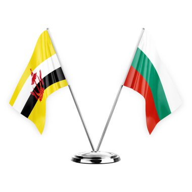Two table flags isolated on white background 3d illustration, brunei and bulgaria