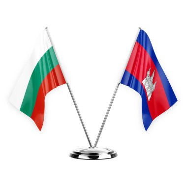 Two table flags isolated on white background 3d illustration, bulgaria and cambodia
