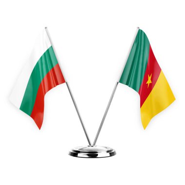 Two table flags isolated on white background 3d illustration, bulgaria and cameroon