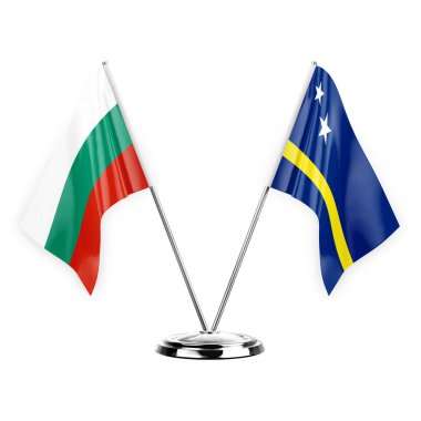 Two table flags isolated on white background 3d illustration, bulgaria and curacao