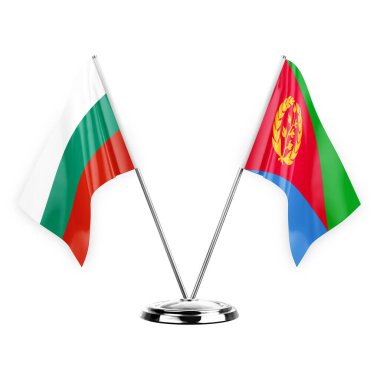 Two table flags isolated on white background 3d illustration, bulgaria and eritrea
