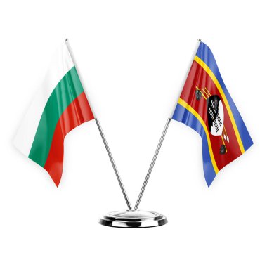 Two table flags isolated on white background 3d illustration, bulgaria and eswatini