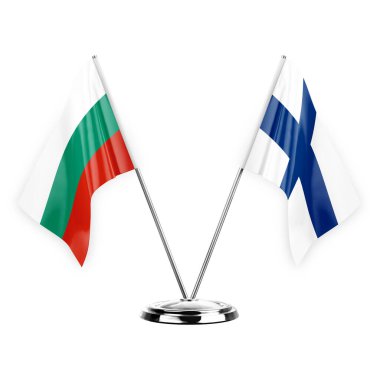 Two table flags isolated on white background 3d illustration, bulgaria and finland