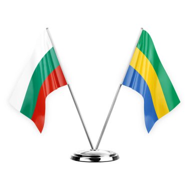 Two table flags isolated on white background 3d illustration, bulgaria and gabon