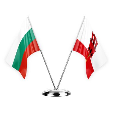 Two table flags isolated on white background 3d illustration, bulgaria and gibraltar