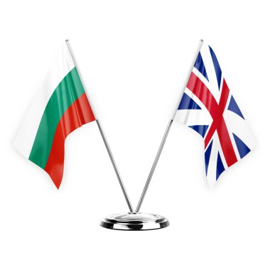 Two table flags isolated on white background 3d illustration, bulgaria and britain