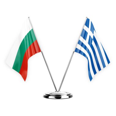 Two table flags isolated on white background 3d illustration, bulgaria and greece