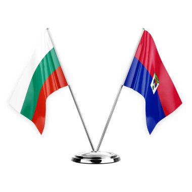 Two table flags isolated on white background 3d illustration, bulgaria and haiti