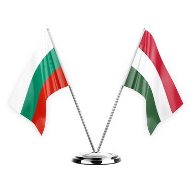 Two table flags isolated on white background 3d illustration, bulgaria and hungary