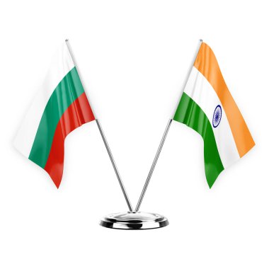 Two table flags isolated on white background 3d illustration, bulgaria and india