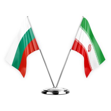 Two table flags isolated on white background 3d illustration, bulgaria and iran