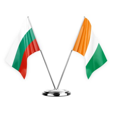 Two table flags isolated on white background 3d illustration, bulgaria and ivory coast