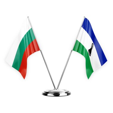 Two table flags isolated on white background 3d illustration, bulgaria and lesotho