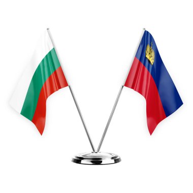 Two table flags isolated on white background 3d illustration, bulgaria and liechtenstein