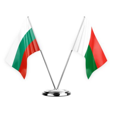 Two table flags isolated on white background 3d illustration, bulgaria and madagascar