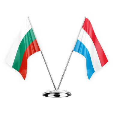 Two table flags isolated on white background 3d illustration, bulgaria and luxembourg