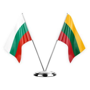 Two table flags isolated on white background 3d illustration, bulgaria and lithuania