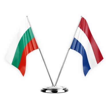 Two table flags isolated on white background 3d illustration, bulgaria and netherlands