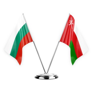 Two table flags isolated on white background 3d illustration, bulgaria and oman
