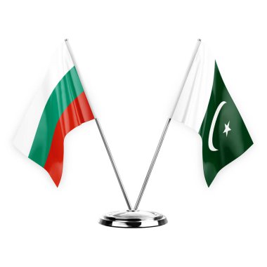 Two table flags isolated on white background 3d illustration, bulgaria and pakistan