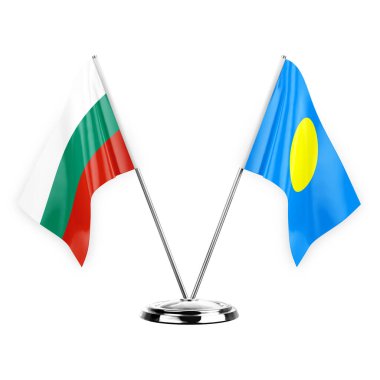 Two table flags isolated on white background 3d illustration, bulgaria and palau