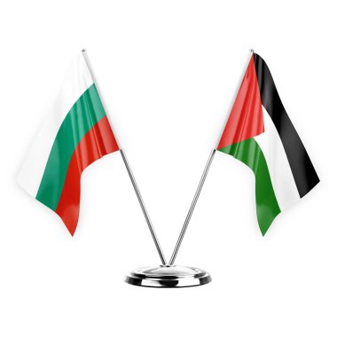 Two table flags isolated on white background 3d illustration, bulgaria and palestine