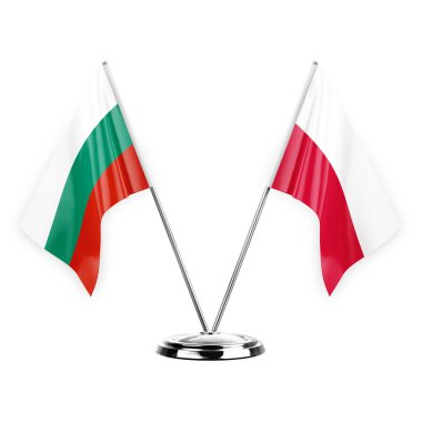Two table flags isolated on white background 3d illustration, bulgaria and poland