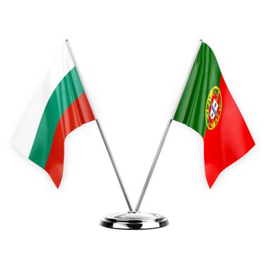 Two table flags isolated on white background 3d illustration, bulgaria and portugal