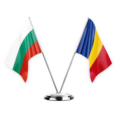 Two table flags isolated on white background 3d illustration, bulgaria and romania