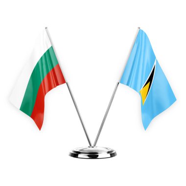Two table flags isolated on white background 3d illustration, bulgaria and saint lucia