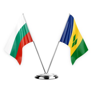 Two table flags isolated on white background 3d illustration, bulgaria and saint vincent and the grenadines