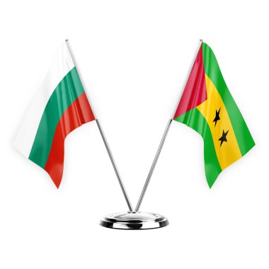 Two table flags isolated on white background 3d illustration, bulgaria and sao tome and principe