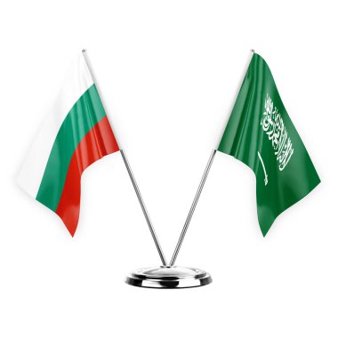 Two table flags isolated on white background 3d illustration, bulgaria and saudi arabia
