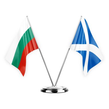 Two table flags isolated on white background 3d illustration, bulgaria and scotland