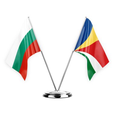 Two table flags isolated on white background 3d illustration, bulgaria and seychelles