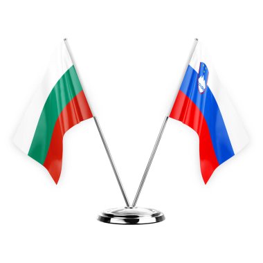 Two table flags isolated on white background 3d illustration, bulgaria and slovenia