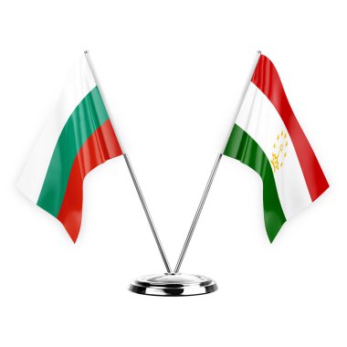 Two table flags isolated on white background 3d illustration, bulgaria and tajikistan