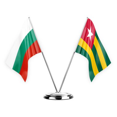Two table flags isolated on white background 3d illustration, bulgaria and togo