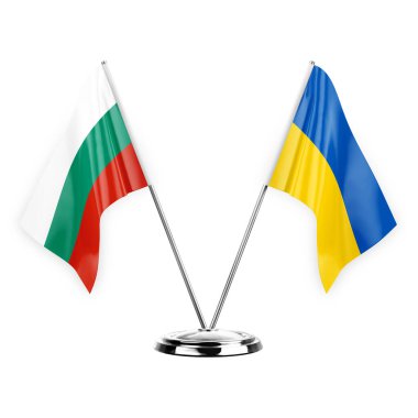 Two table flags isolated on white background 3d illustration, bulgaria and ukraine