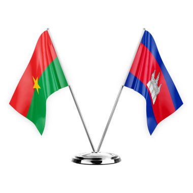 Two table flags isolated on white background 3d illustration, burkina faso and cambodia