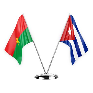 Two table flags isolated on white background 3d illustration, burkina faso and cuba