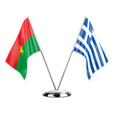 Two table flags isolated on white background 3d illustration, burkina faso and greece