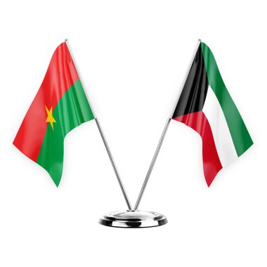 Two table flags isolated on white background 3d illustration, burkina faso and kuwait